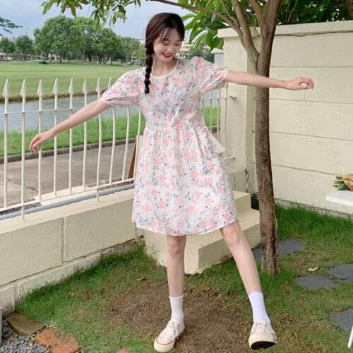Dress Womens Summer Sweet Floral Puffy Sleeve Lace Waist Slimming Dress Women