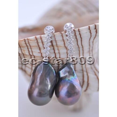 P6555 24mm Black Baroque Keshi Reborn PEARL Dangle Earring CZ
