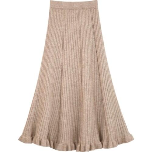 PERHAPS U Black Khaki Knitted Elastic Waist A Line Solid Ruffle Empire Midi Skirt Autumn Winter S0116