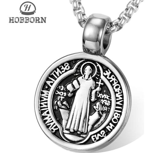 HOBBORN Vintage Saint Benedict Medal Necklaces & Pendents 316L Stainless Steel Christian Virgin Mary Necklace Religion Jewelry
