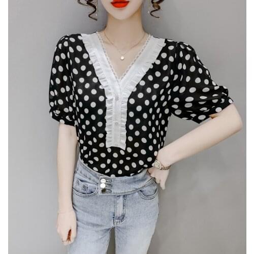 Summer Womens Blouse Polka Dot Print Top Lace V-neck Short Sleeve Shirt Blusas Mujer De Moda 2021 Verano