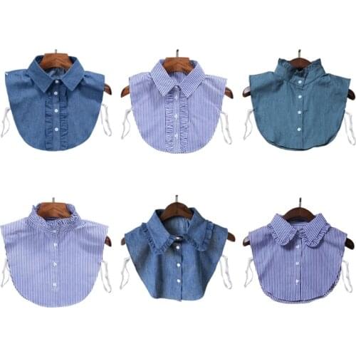Minimalist Stripes Denim Women Detachable Lapel Fake Collar Cute Ruffles Lace Splicing Button Down False Half Shirt Blouse