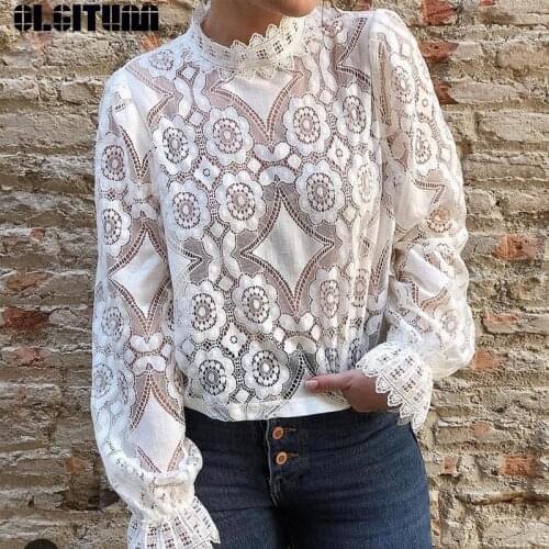 Ladies Fashion Loose Sexy Lace Shirt 2020 Summer Cute Sweet Short Shirt Female Party Chic Shirt Long-Sleeved Stand Collar Shirt