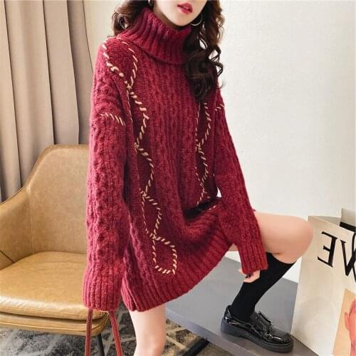 Women Pullovers Turtleneck Wine Red Sweaters Autumn Winter Warm Twisted Knit Pullovers Loose Vintage New Year Xmas Sweaters