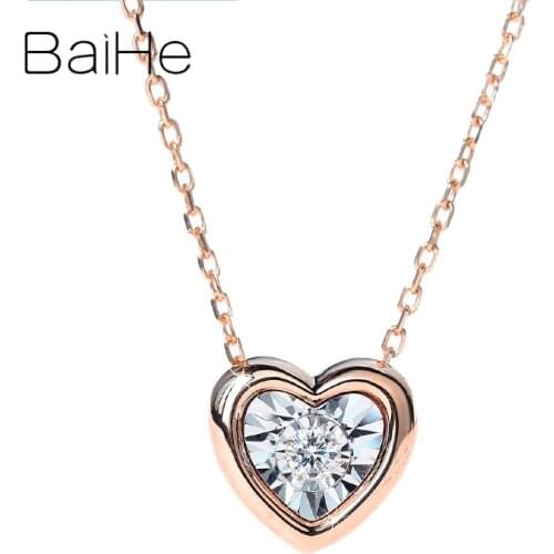 BAIHE Solid 18K Rose White Gold About 0.05ct H/SI Round Natural Diamond Women Trendy Diamond Jewelry Heart-shaped Gift Necklaces