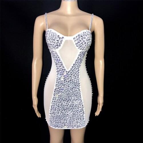 Shining Pink Rhinestones Pearls Dress Transparent Sexy Clear Stones Evening Birthday Party Wear Mesh See Throught Outfits XS2103