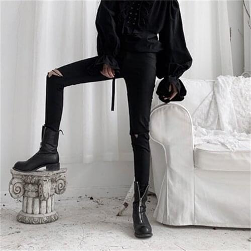 Womens spring and autumn new slim knee holes tight leggings fashion trousers solid color pencil pants jeans