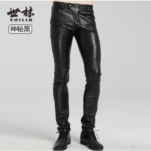 Plus velvet fashion motorcycle faux leather pants mens feet pants pu trousers for men pantalon homme black spring autumn black