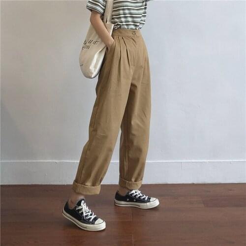 Khaki Striped Straight Suit Pants Women Office Lady Loose 90s Baggy Grey Sweatpants Joggers Ladies Capris Pocket Long Trousers