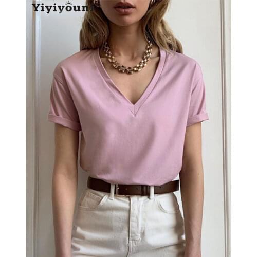 Yiyiyouni Summer Basic V-neck T-shirt Women Cotton Short Sleeve Solid Tee-Shirts Women Knitted Casual White Black Tops Female
