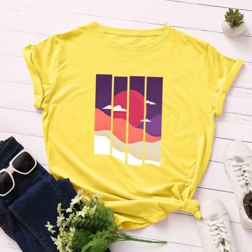 Women Summer T Shirt Oversized Cotton 100% Short Sleeve Sunset Dusk Print Casual Fashion Female Graphic Streetwear Lady Tee Tops