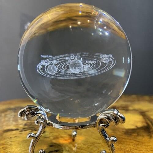 H&D 60mm Solar System Crystal Ball with Stand Decorative Paperweight 3D Laser Engraved Glass Planet Sphere (Show Eight Plants)