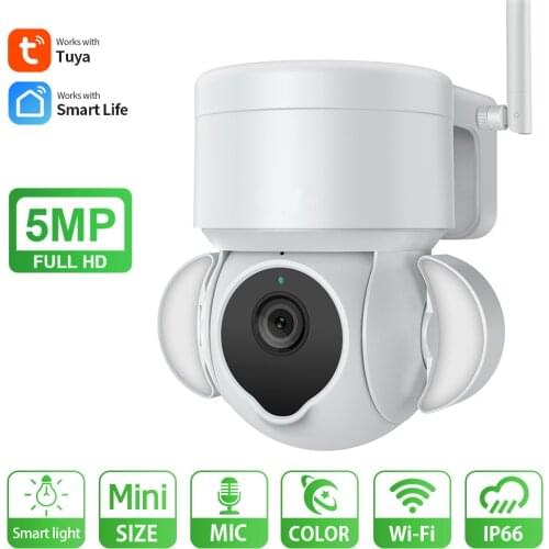 Tuya HD 5MP Wifi Floodlight Courtyard Lighting Camera AI 1080P PIZ Camera Full Color Night Vision IP66 Waterproof Security Camer