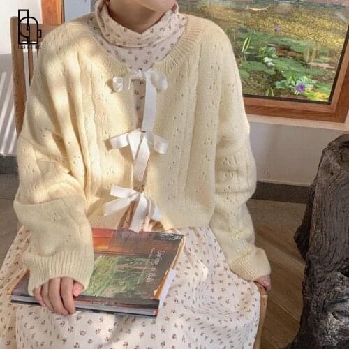 Early Autumn Lyellow Gentle Bow Tie Cardigan Sweet Loose Knitted Sweater Strickjacke Damen кардиган женский сетка Y2k Sweater