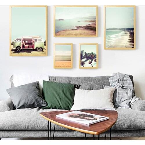Canvas Painting Beach Bus Coconut Seascape Wall Art Oil Painting Nordic Poster Home Decor Living Room Hanging Picture Frameless