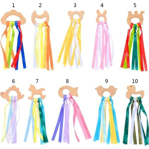 Creative Natural Wooden Ring Teether Rainbow Ribbon Sensory Toys Baby Teething Nursing Soother Newborn Gift
