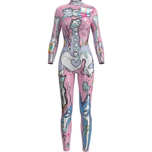Skeleton Bone Jumpsuit Halloween Catsuit Fancy Girls Long Sleeves Print Festival Carnival Fitness Bodysuit For Adult Women