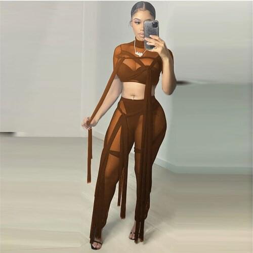 Sexy Mesh Sheer Bandage Two Piece Set Women Clothing Short Sleeve Crop Top Legging Sets Ribbons Party Club Outfits Matching Sets