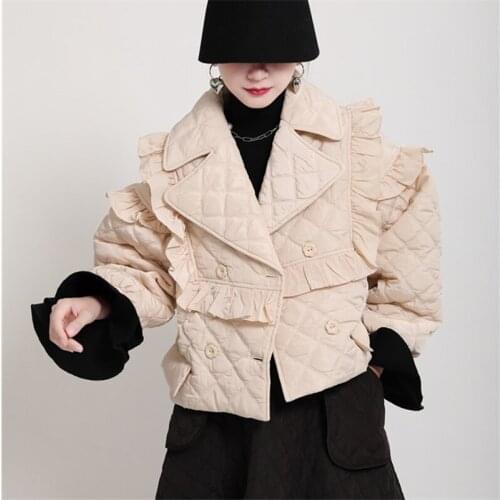 2021 Winter Fashion New Short Loose Design Sense Wood Ear Lapel Long-Sleeved Rhombic Cotton Coat Jacket Female Trend H292