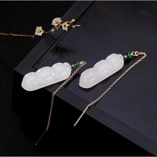 L&P 925 Sterling Silver Hetian White Jade Long Drop Earrings for Woman 925 Silver Long Women Earrings Yellow Gold Color Brincos