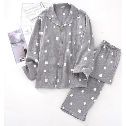 New Crepe Cotton Men Spring and Autumn Thin Home Pajamas Long Sleeves Nightgown Soft Mens Pajama Set 2 Piece Sleepwear Homewear