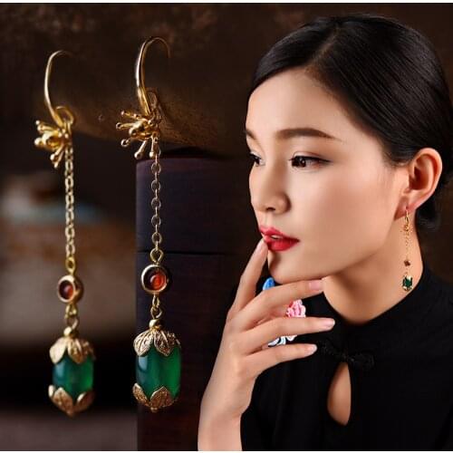 New elegant dangle earrings women ,red stones vintage swing earrings long ,New green nature stone Ethnic earrings jewelry