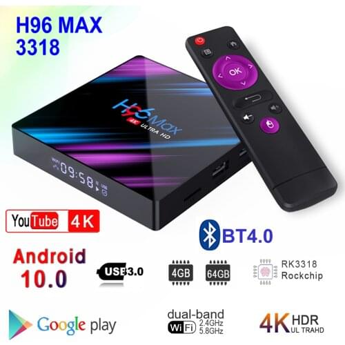 Android 10 Smart TV Box H96 MAX 3318 4GB RAM 64GB ROM Rockchip RK3318 BT4.0 USB3.0 2.4G 5G Dual WIFI 3D 4K HDR Media Player