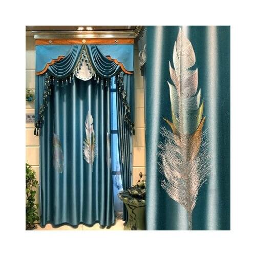 Luxury Large Feather Embroidered Curtains for Living Room Semi-Blackout Brocade Blue Silk Fabric Window Drapes JS304C