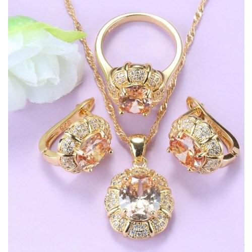 Vintage Style Champagne Stone Flower Jewelry Sets Gold Plated African Women Fashion Costume Clip Earrings And Necklace Sets