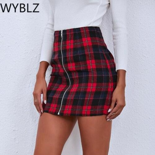 WYBLZ Skirts Women Plaid Summer Zipper Mini Skirt Sexy Wrap Hip Tight Plaid Streetwear Office Lady Girls Pencil Empire Hip Skirt