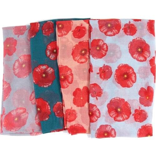 Women Fashion Retro Poppy Floral Viscose Shawl Scarf Print Soft Voile Scarves Summer Beach Bufandas Muslim Hijab Snood 180*80Cm