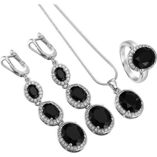2019 hot sale jewelry sets black oval zircon silver color engagement jewelry Sets for women charm gift CZ Crystal dropshipping