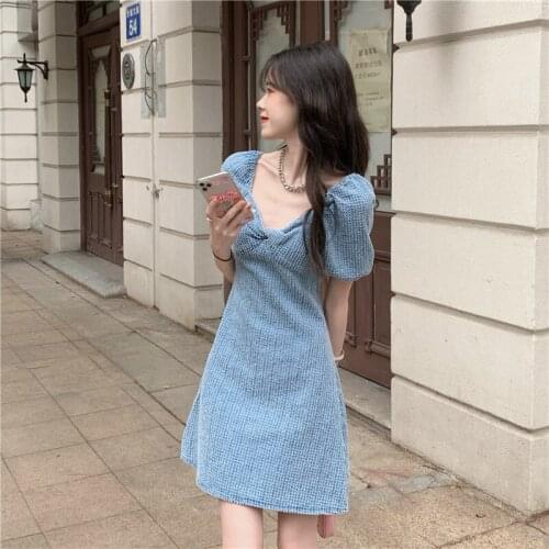Denim Dress Female New Style French Retro Design Puff Sleeve Temperament Short Skirt Summer