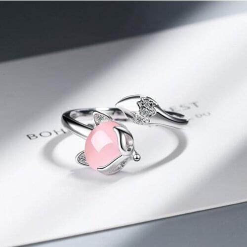 New Style Woman Cute Fashion Jewelry High Quality Pink Opal Zircon Fox Ring Size Adjustable Open Rings