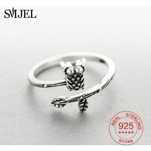 SMJEL 100% Sterling Silver Cute Night Owl Open Rings for Women Boho Leaf Branch Animal Bird Natural Ring Wedding Jewelry