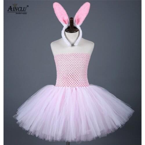 1-14 Years Girls Rabbit Tutu Dress Pink Sleeveles Princess Kids Baby Fancy Wedding Party Dress Costumes Gift Rabbit Headband