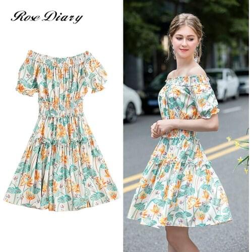 New 2021 Summer Sexy Off Shoulder Princess Dress Womens Charming Camellia Flower Print Ruffles Elastic Waist Yellow Short Dress