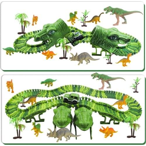 153Pcs Dinosaur Railway Car Track Racing Track Toys Set Bend Flexible Race Track Flash Light Car Educational Toys