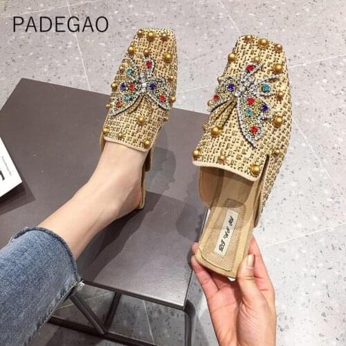 2020 Fashion Luxury Women Slippers Elegant Casual Square-toe Rivet Crystal Women Slippers