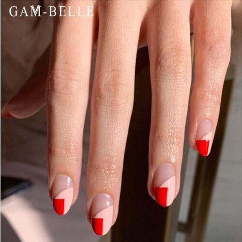 GAM-BELLE 24Pcs French Almond Fake Nails Creative Red Hypotenuse Detachable Artificial False Nails DIY Manicure Decoraiton