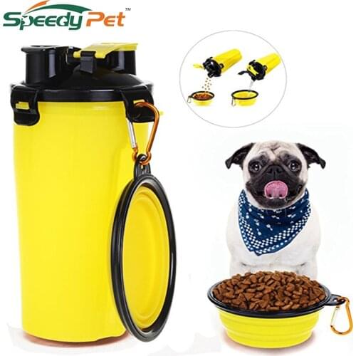 4 Color Travel 2 in 1 Pet Food Water Bottle with Bowl Dual Chambered Storage Container with Collapsible Dog Pet Cup Pet Supplies