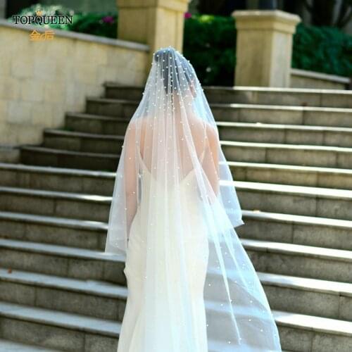 TOPQUEEN V08 Wedding Veil with Super Dense Pearls Beaded Veil without Comb Wedding Veil for Face Bridal Hat with Veil Blusher