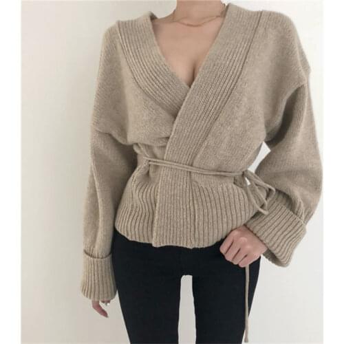 HziriP Autumn Chic All-Match Open Stitch Lace-Up Cute Sexy Regular High Street V-Neck Loose Cardigans Casual Knitted Sweaters
