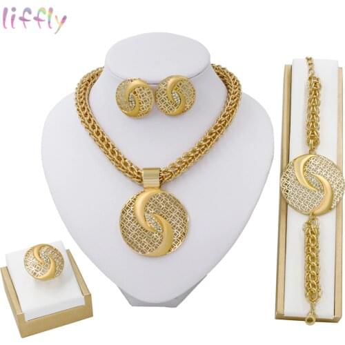 Liffly Fashion Dubai Jewelry Sets Women Gold Big Necklace Nigeria Wedding African Crystal Bridal Jewelry Sets