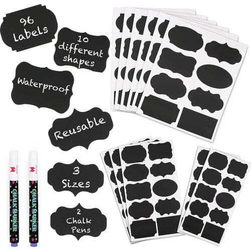 Chalkboard Label Stickers 96pcs - 9 Assorted Shapes in 3 sizes with 2 Erasable White Chalk Marker, Reusable Waterproof Labels