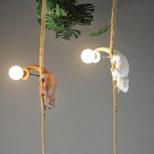 Resin White color chameleon Pendant Light For Living Room Hemp Rope Pendant Lamp Art Study Room Led lizard Animal Light Fixtures