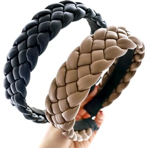 New Wide Side Hairband Casual PU Artificial Leather Twist Braid Headband Handmade Classic Turban Solid Glossy Hair Accessories