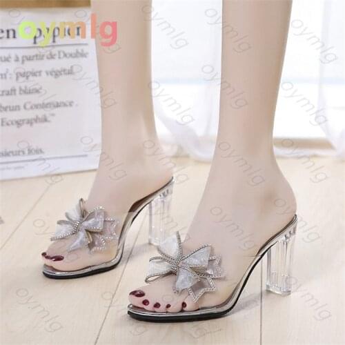 Slippers womens super high heel thick heel rhinestone bow transparent sandals 2021 new women shoes cross-border shoes women