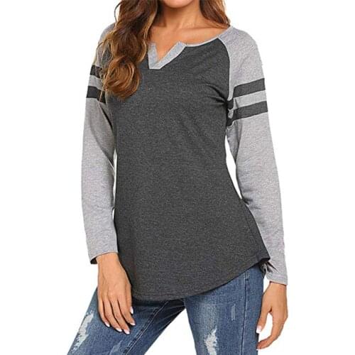 Womens Raglan Long Sleeve T-Shirt Fashion Striped Patchwork Design Curved Hem Loose Fit Henley V Neck Baseball Tee Shirt Tops
