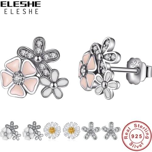 ELESHE 925 Sterling Silver Poetic Cherry Blooms Flowers Stud Earrings for Women Zircon Daisy Earrings Original Silver Jewelry